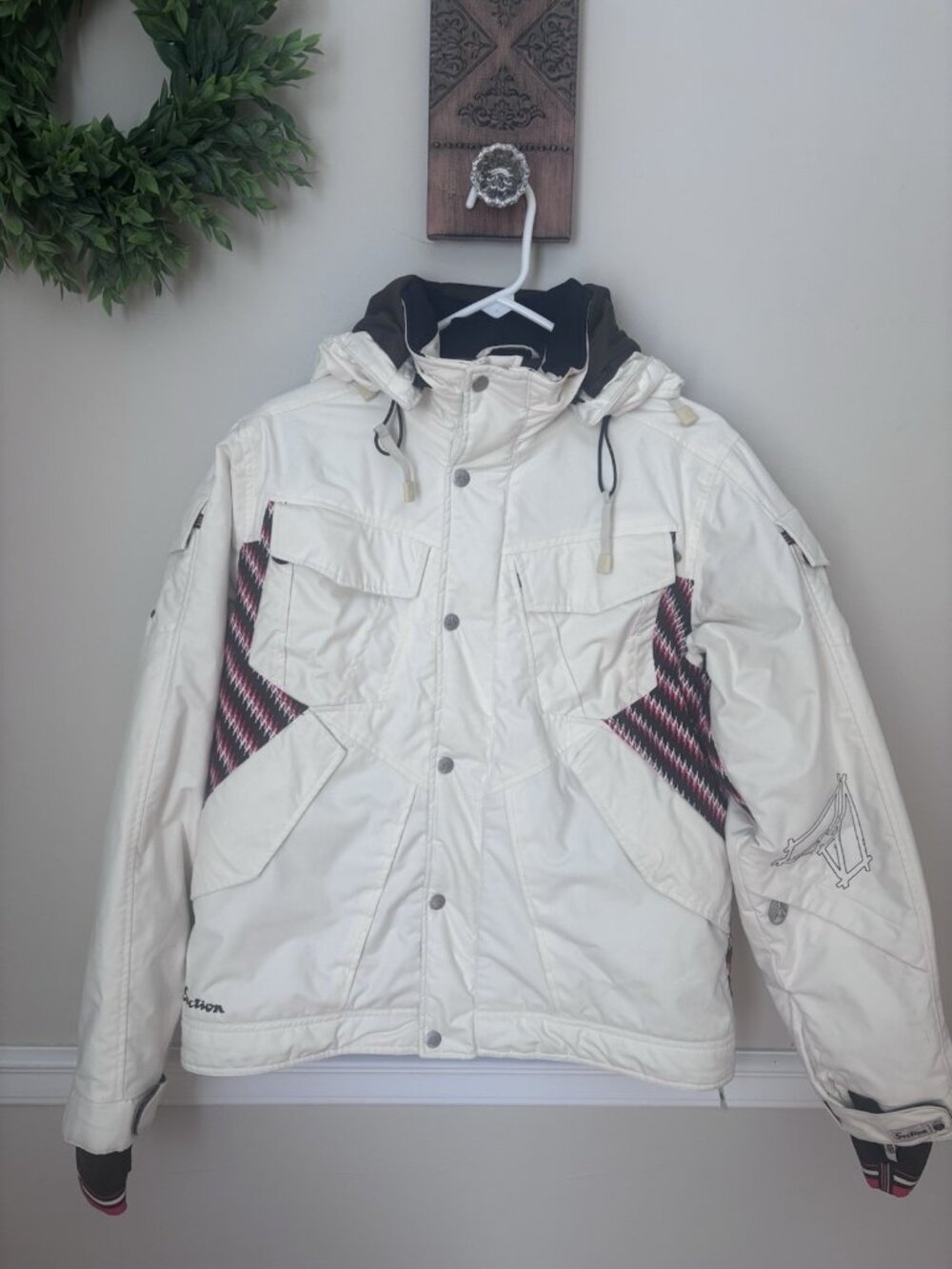 Section Mens Size M Heavyweight Ski Snowboard Coat Cream With Orange Brown Trim